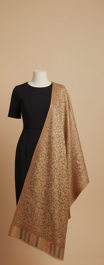 WOMENS SILK WOOL JAMAWAR KANI DESIGN SHAWL - SOFT MUSTARD YELLOW