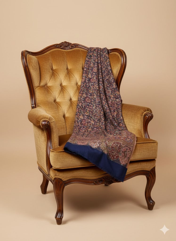 WOMENS FINE WOOL SHAWL WITH JAMAWAR KANI INSPIRED DESIGN - DEEP INDIGO BLUE