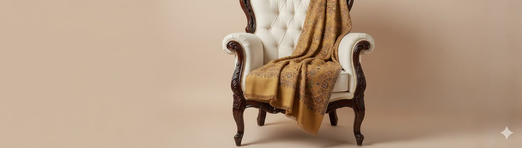Yellow Colored Indian Shawl Draped over an Armchair
