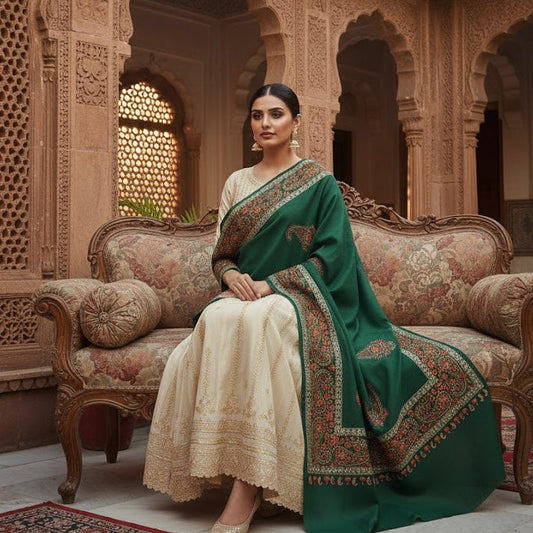 Beautiful Kani Shawl in Green on a female model