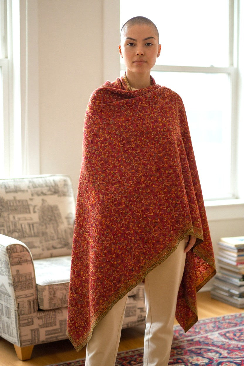 Red Hand Embroidered Shawl in Kani Inspired Motifs 