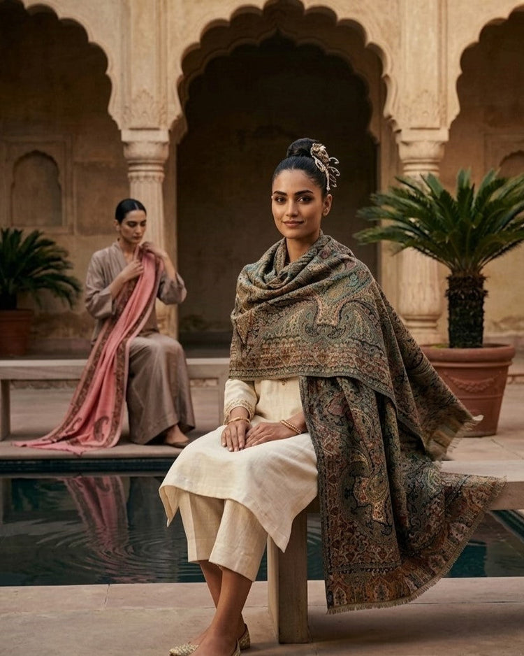 Green Sozni Border Shawl Draped on a Female Model