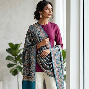A woman models a traditional South Asian outfit featuring a deep magenta kurta, cream trousers, and a patterned teal and gold shawl draped over her shoulders, set against a bright indoor background with a window and green plant.