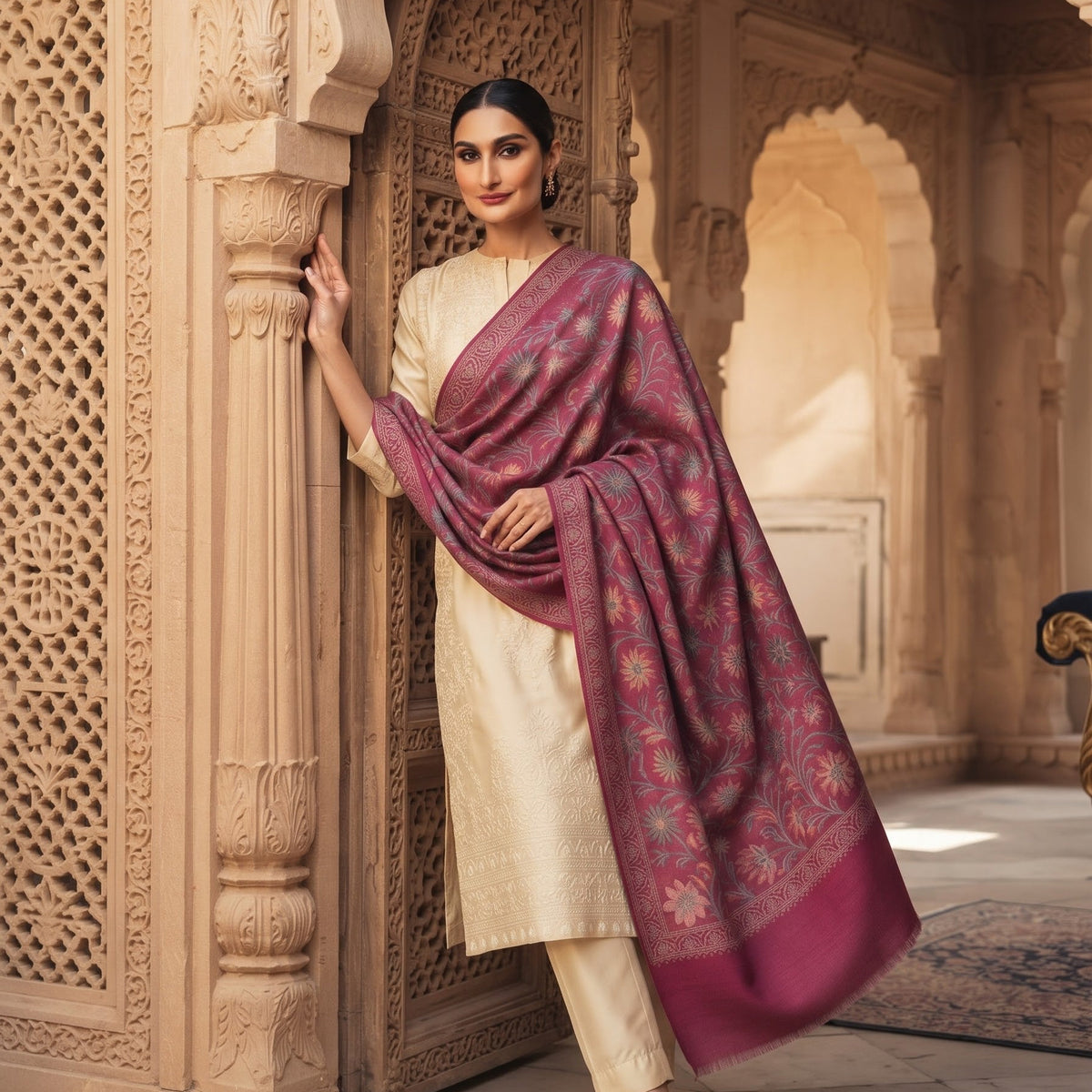 Pink Nalki Wool Blend Stole - Embroidered Wrap for Everyday Wear