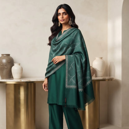 Green Nalki Wool Blend Stole - Embroidered Wrap for Everyday Wear