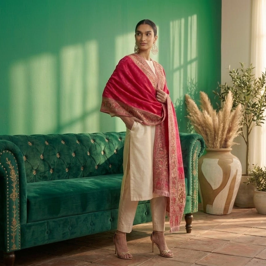 A woman models a traditional South Asian outfit consisting of a cream kurta, beige trousers, and a vibrant pink dupatta with gold embroidery, standing in a styled room with a green sofa and potted plants.
