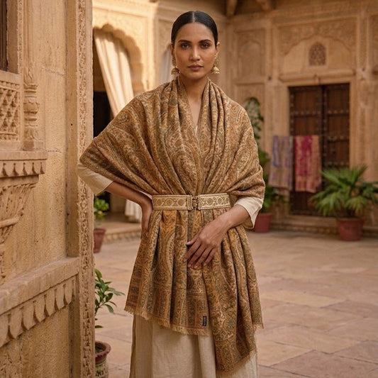 Woman wearing a patterned shawl in an architectural setting