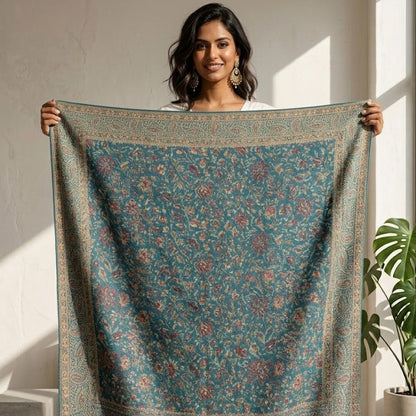 Woman holding a large blue patterned scarf in a bright room with a plant in the background