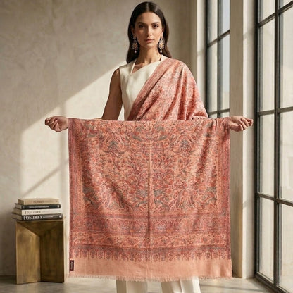 Woman holding a pink patterned scarf in a room with large windows.