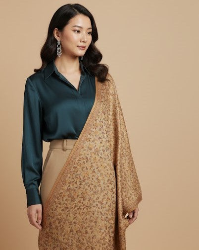 WOMENS SILK WOOL JAMAWAR KANI DESIGN SHAWL - SOFT MUSTARD YELLOW