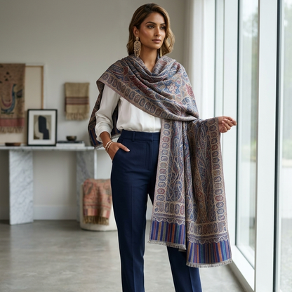 A woman models a patterned shawl draped over her shoulders, styled with a white long-sleeve top, navy blue trousers, and burgundy heels in a bright, modern room with large windows.