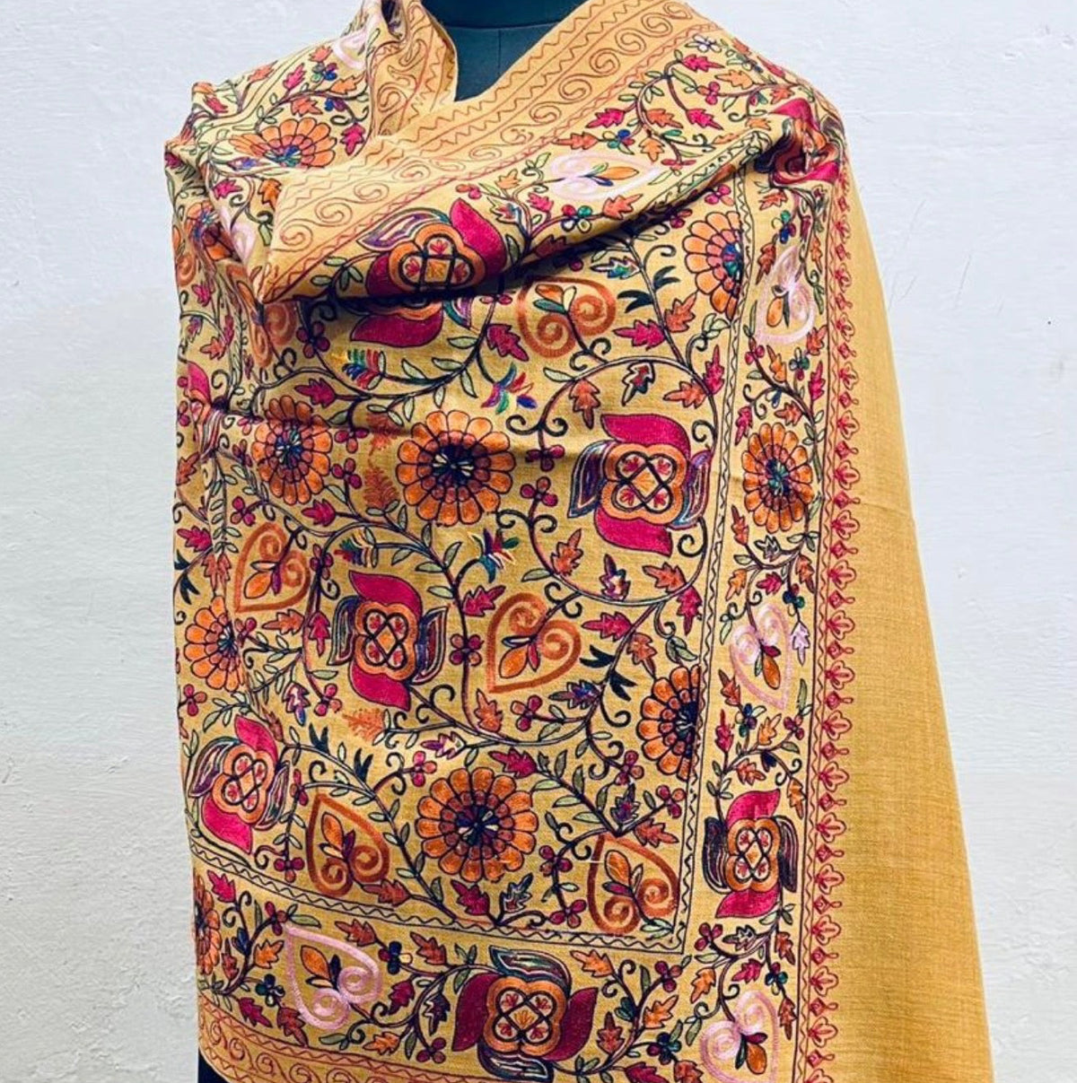 Mustard Nalki Pure Wool Jama Stole - Embroidered Wrap for Weddings & Evening Wear