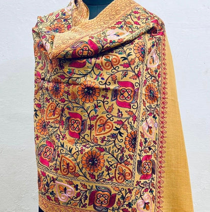 Mustard Nalki Pure Wool Jama Stole - Embroidered Wrap for Weddings & Evening Wear