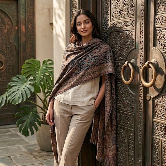 A woman stands leaning against ornate dark metal doors, wearing a brown patterned shawl draped over her shoulders, a light beige top, and beige trousers in an outdoor courtyard setting.