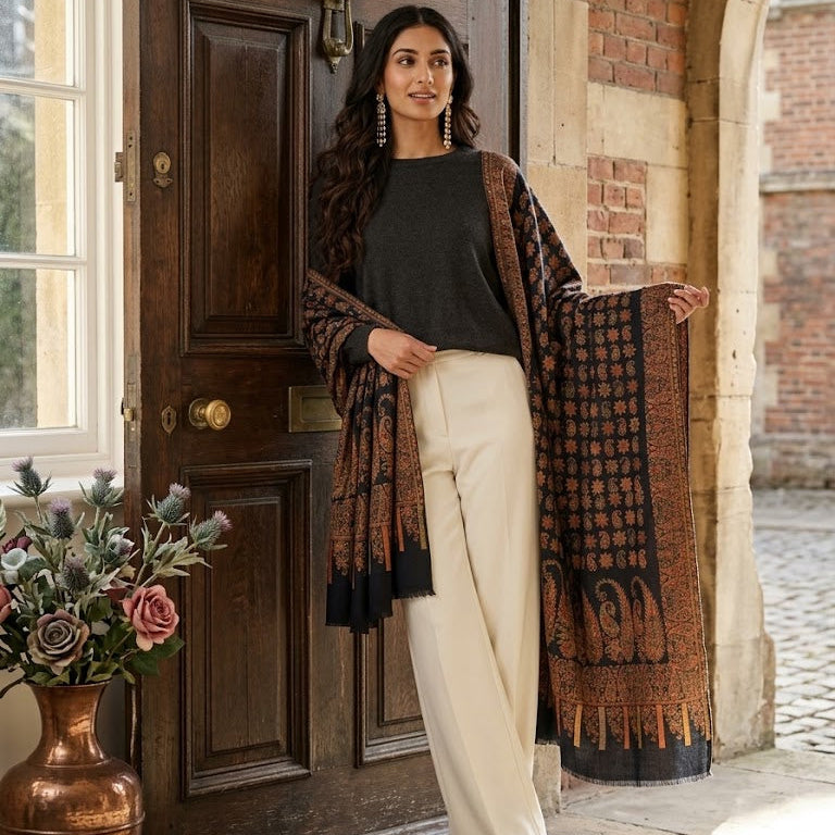 A woman stands in front of a rustic wooden door and stone archway, wearing a black top, cream wide-leg trousers, and a dark brown patterned shawl draped over her arms.