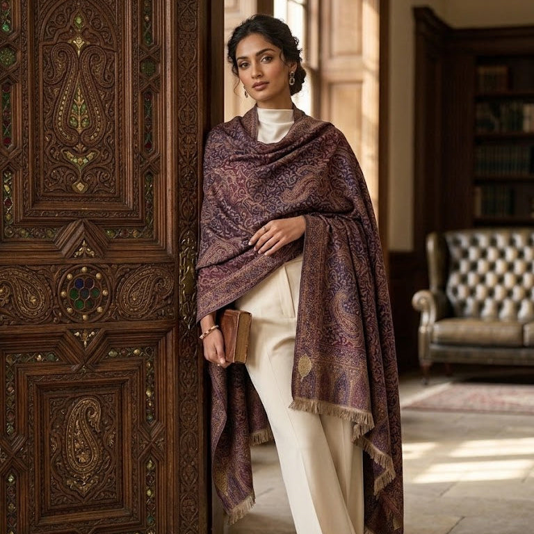 A woman stands in a sunlit room beside an ornate carved wooden door, wearing a draped shawl in deep burgundy and gold with cream trousers.