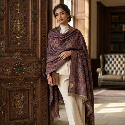 A woman stands in a sunlit room beside an ornate carved wooden door, wearing a draped shawl in deep burgundy and gold with cream trousers.