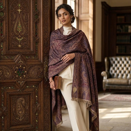 A woman stands in a sunlit room beside an ornate carved wooden door, wearing a draped shawl in deep burgundy and gold with cream trousers.