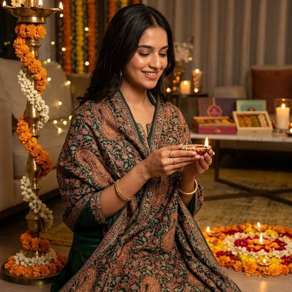 A woman sits on the floor indoors wearing a dark green traditional outfit with a brown and green patterned shawl draped over her shoulders. She holds a lit diya, with warm ambient lighting, decorative garlands, and candles in the background.