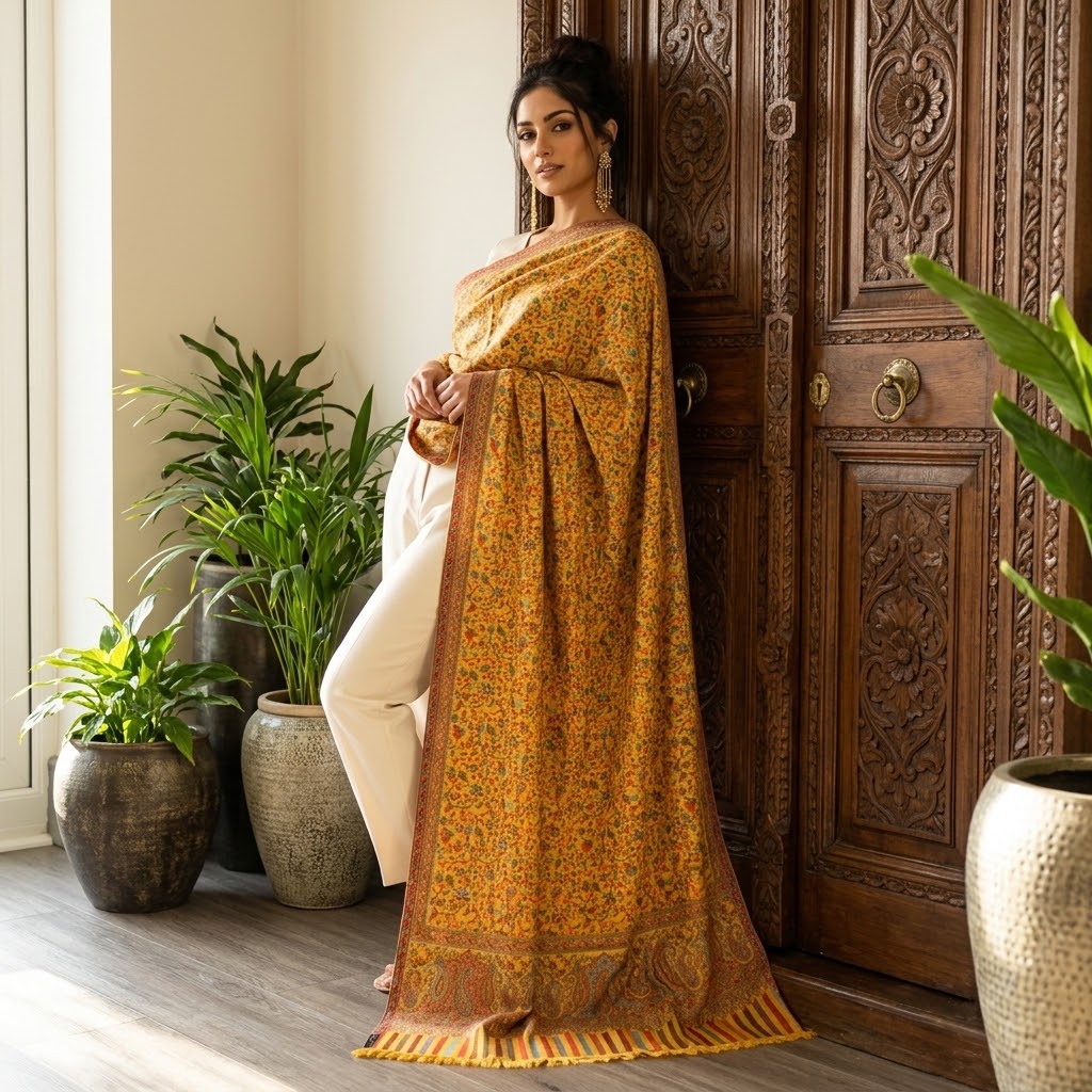 A woman stands indoors against a carved dark wooden door, wearing a long golden-yellow patterned shawl draped over her shoulders and white pants. The room has potted plants, a light wall, and wood flooring.