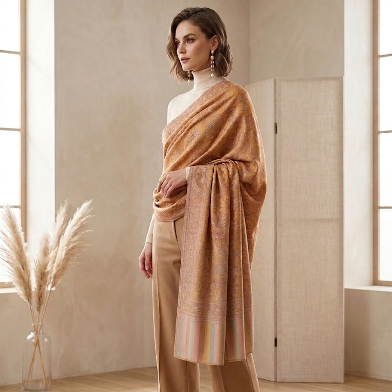 A woman stands in a softly lit indoor room wearing a draped camel-brown shawl over a white mock-neck top and tan wide-leg trousers, paired with black pointed heels.