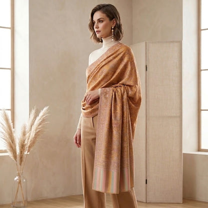 A woman stands in a softly lit indoor room wearing a draped camel-brown shawl over a white mock-neck top and tan wide-leg trousers, paired with black pointed heels.