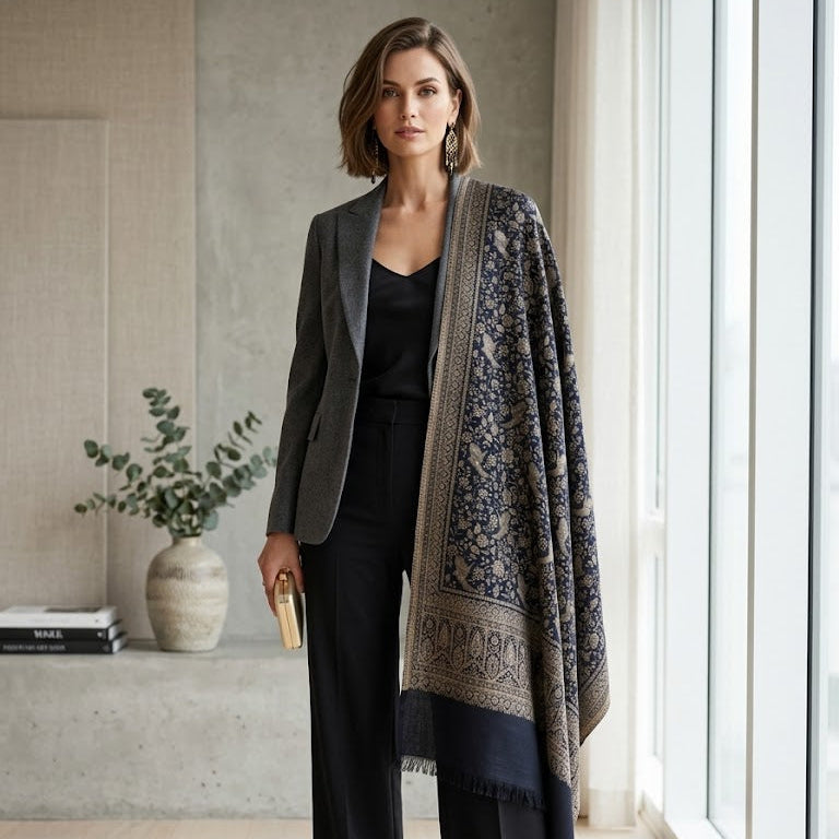 A woman stands in a bright, modern room wearing a black outfit with a large patterned shawl draped over her shoulders. The shawl features a dark navy blue and beige traditional pattern with a solid navy border.