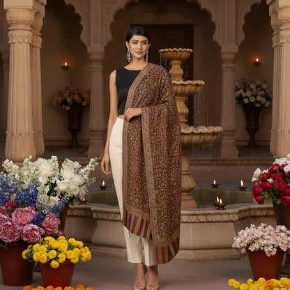 Woman in a traditional outfit standing in an ornate courtyard with flowers and a fountain.