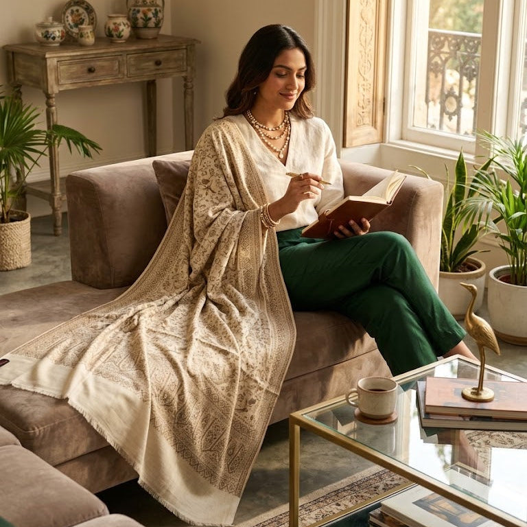 A woman sits on a beige sofa in a sunlit living room, reading a book while draped in a cream and beige patterned shawl over a white top and green pants.
