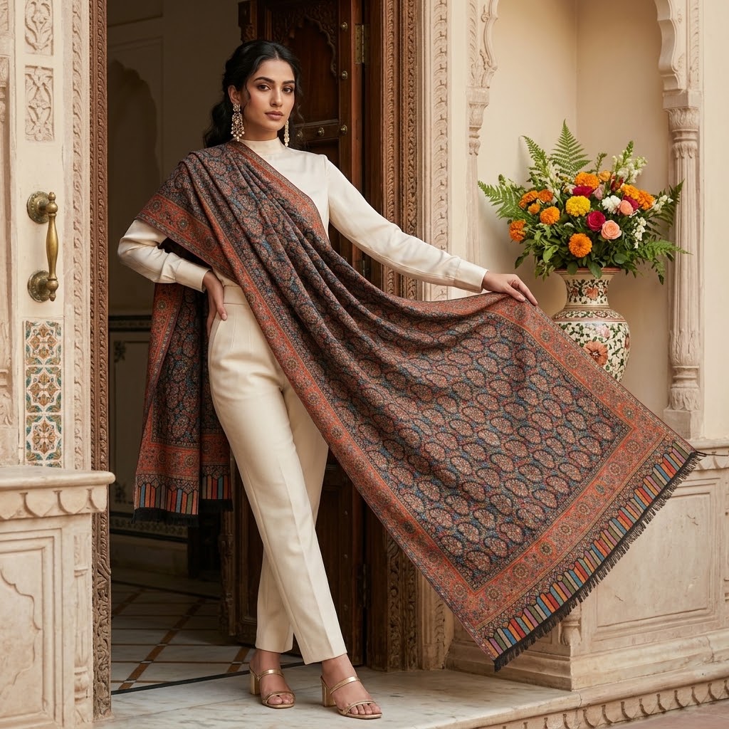A woman models a large patterned shawl draped over her shoulders and held out to the side, paired with a cream-colored top and trousers, standing in an ornate doorway with a floral arrangement in the background.