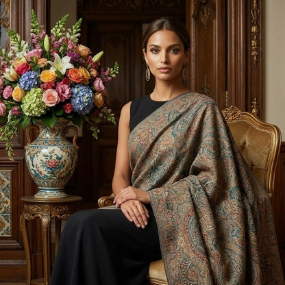 Woman in a patterned shawl sitting in an elegant room with floral arrangements and a vase.