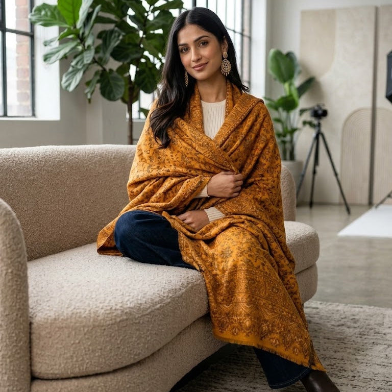 A woman sits on a beige boucle sofa in a bright, modern room, wrapped in a mustard yellow and brown patterned shawl or blanket. She is wearing dark blue jeans and brown boots.