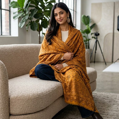 A woman sits on a beige boucle sofa in a bright, modern room, wrapped in a mustard yellow and brown patterned shawl or blanket. She is wearing dark blue jeans and brown boots.