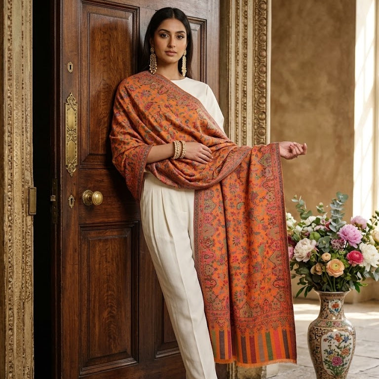 A woman models a traditional Indian outfit featuring a rust-orange and green patterned dupatta draped over a white kurta and trousers, standing in front of a rustic wooden door with a floral vase nearby.