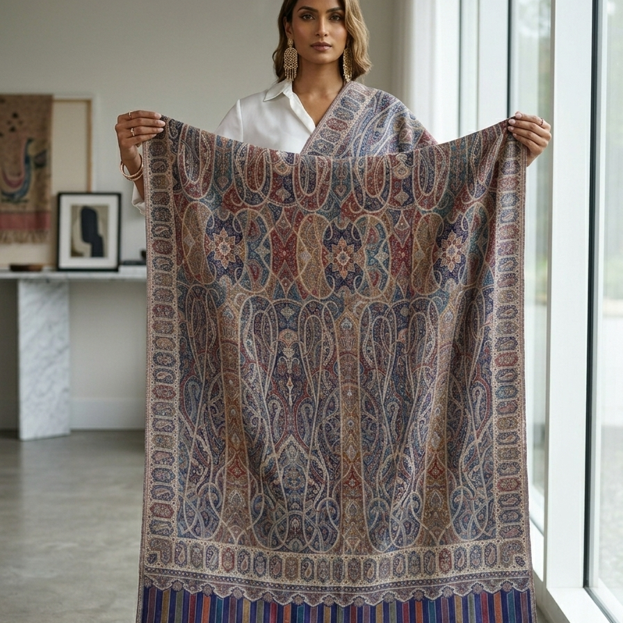 A woman stands indoors holding up a large patterned shawl or scarf with ornate paisley and floral motifs in muted blue, rust, beige, and brown tones. The scarf fills most of the frame, while the model wears a white blouse and burgundy heels.
