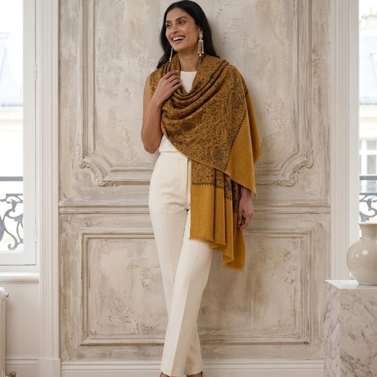 Mustard Sozni Shawl in Jaal Embroidery