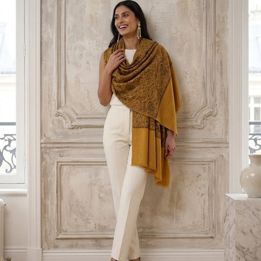Mustard Sozni Shawl in Jaal Embroidery