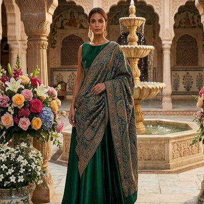 Woman in a green saree standing in an ornate courtyard with floral decorations.