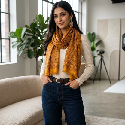 A woman modeling a mustard yellow patterned scarf with fringe, worn over a cream ribbed long-sleeve top and dark blue jeans in a bright, modern room.