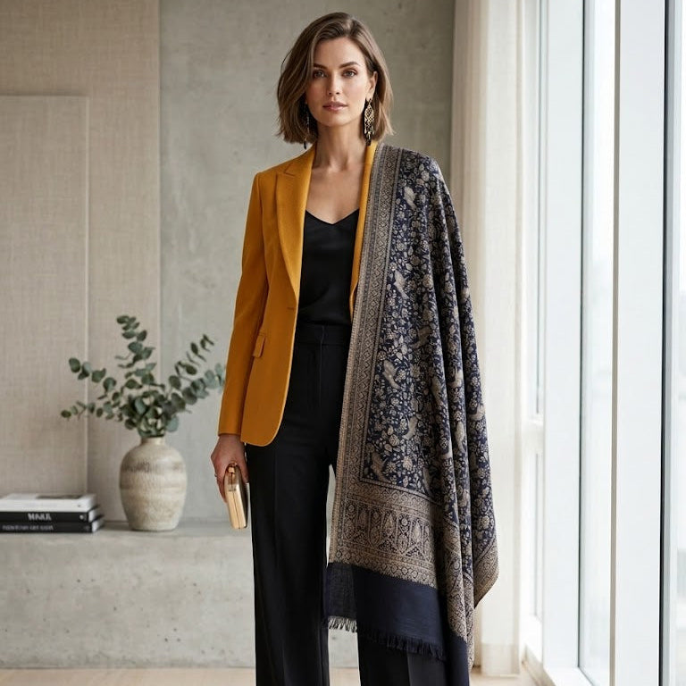 A woman stands in a bright indoor room wearing a mustard yellow blazer, black top and wide-leg pants, and a large patterned shawl draped over her shoulders. She holds a small beige clutch.
