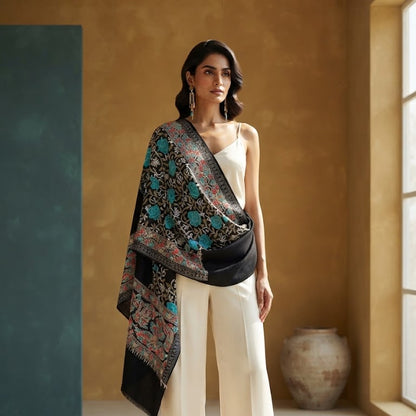 A woman stands in a sunlit room wearing a cream one-piece outfit and draping a large black shawl over her shoulder. The shawl features an intricate multicolor floral and paisley pattern with turquoise, pink, and gold tones.