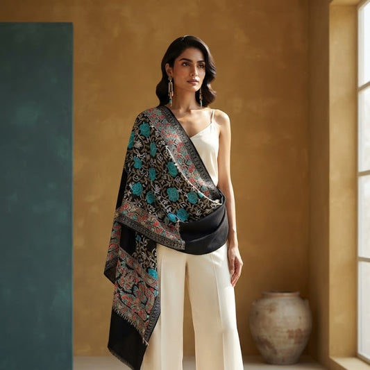 A woman stands in a sunlit room wearing a cream one-piece outfit and draping a large black shawl over her shoulder. The shawl features an intricate multicolor floral and paisley pattern with turquoise, pink, and gold tones.