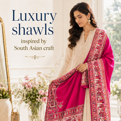 A woman models a luxury Indian salwar kameez suit in cream with a vibrant magenta-pink border embroidered shawl draped over her shoulder, set against a bright, elegant interior background.
