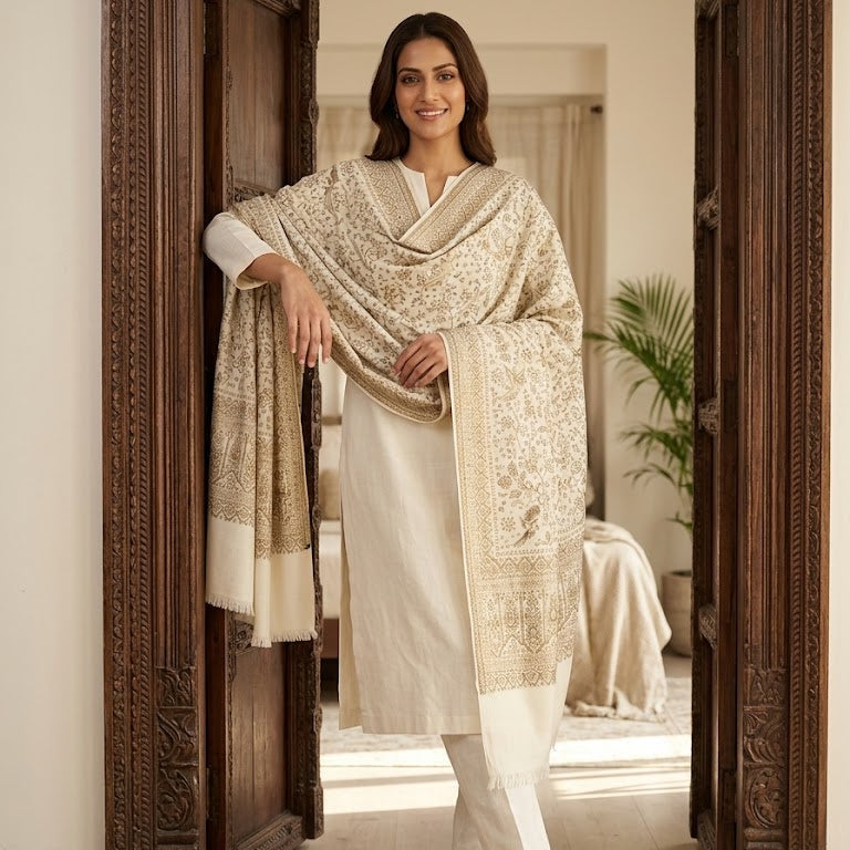 A woman models a traditional South Asian outfit consisting of a white kurta and trousers with a beige and gold heavily embroidered dupatta, standing in an ornate carved wooden doorway.