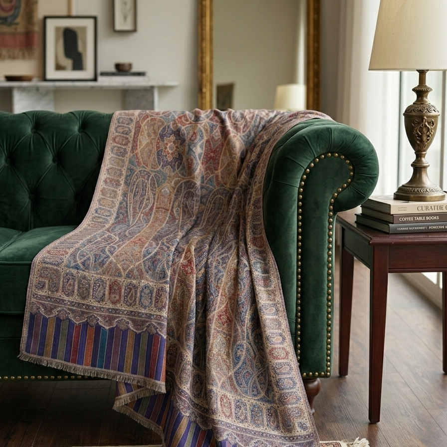 A patterned throw blanket draped over a green velvet sofa in a styled living room setting with a side table, lamp, and mirror.