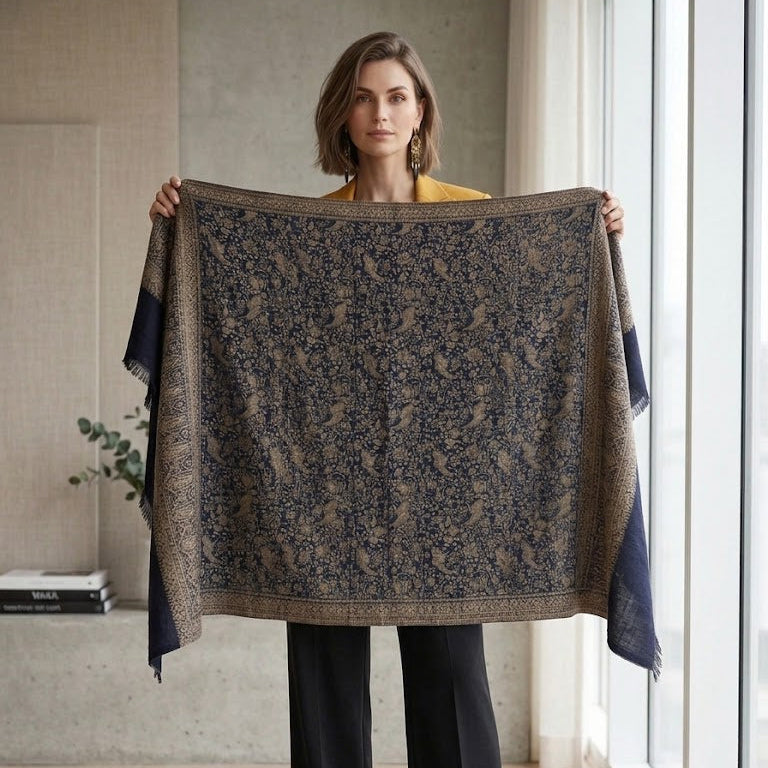 A woman stands in a bright room holding up a large patterned shawl or scarf. The textile has an intricate floral and paisley-style design in dark navy blue and warm beige/tan, with solid navy blue side panels.