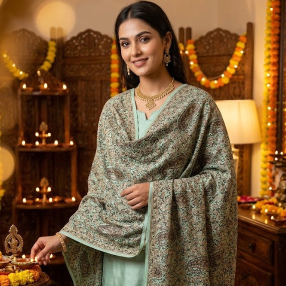 Sage Green Sozni Shawl