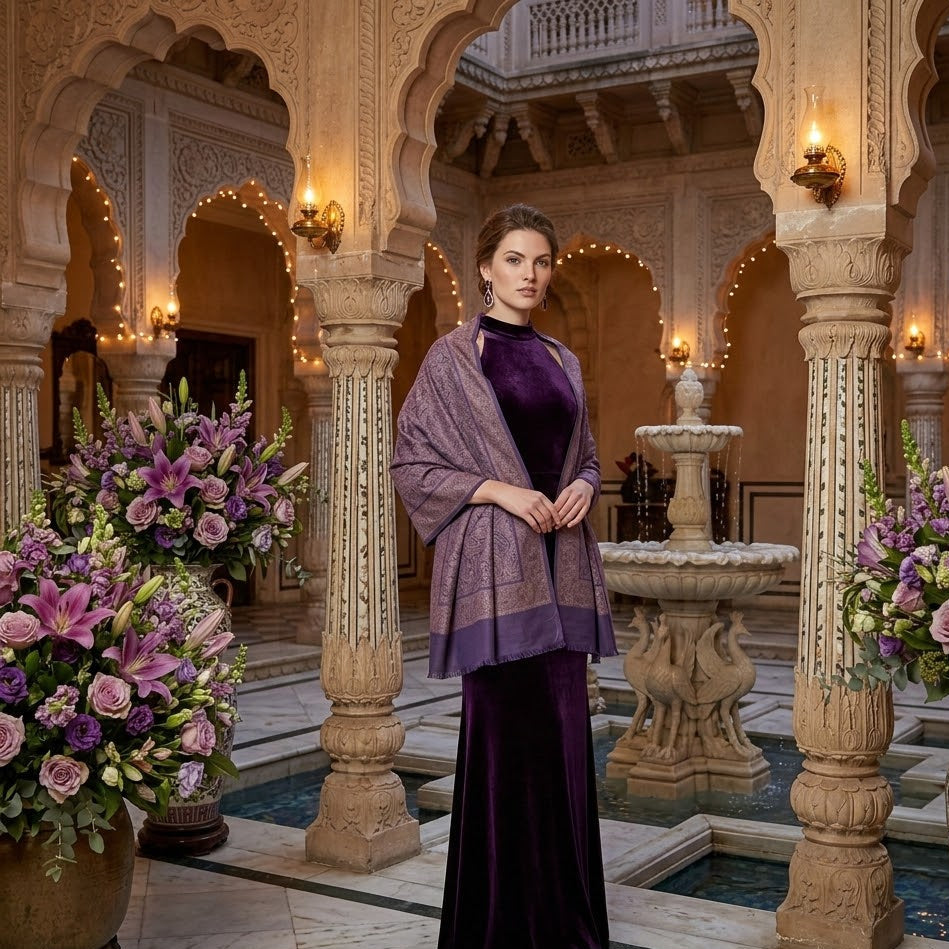 Woman in a purple outfit standing in an ornate indoor setting with floral arrangements and architectural details.