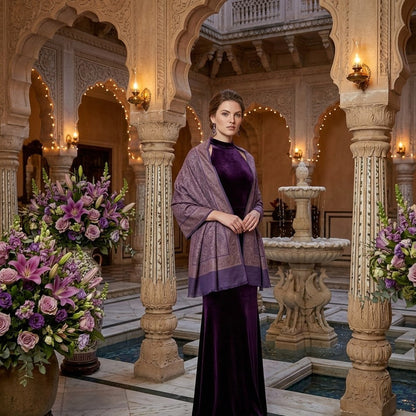 Woman in a purple outfit standing in an ornate indoor setting with floral arrangements and architectural details.