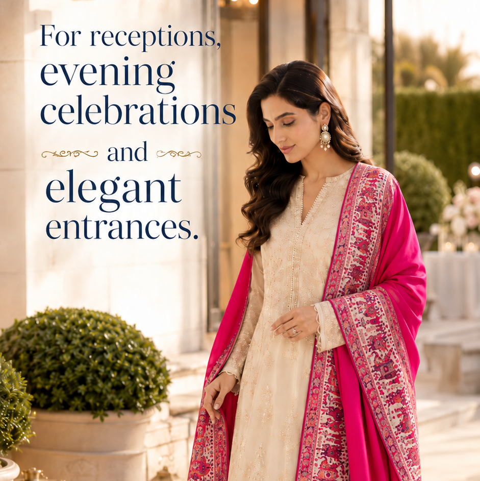 A woman models a traditional South Asian outfit consisting of a cream kurta with a bright pink embroidered dupatta and matching skirt. The image is set in an elegant outdoor patio environment with text overlay on the left side.